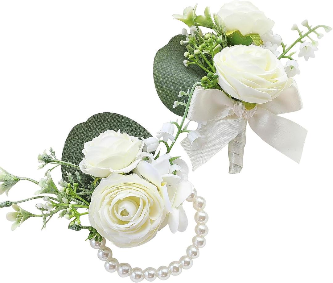 Ivory Ranunculus Peony Wrist Corsage Wristlet Band Bracelet and Men Boutonniere Set for White Wedding Flower Accessories Prom Suit Decorations