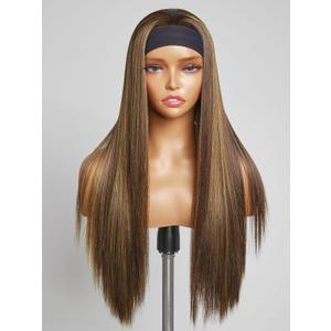 GORGIUS Glueless Straight Headband Wig Brown Highlight Wig with Head Band Put On and Go Synthetic Headband Wig Mix Colored 20 Inch Long Straight Wig (Color 4/27)