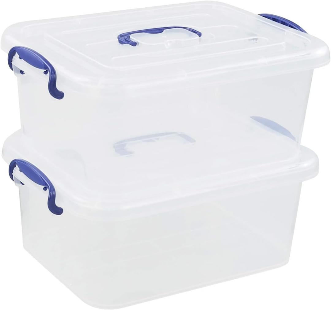 2 Packs 8 Quart Plastic Stackable Storage Boxes with Transparent Lid and Deep Blue Handle