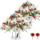 Tigeen 2 Pcs 22 Inch Timer Prelit Christmas Urn Filler, Outdoor Planter Pots Filler Prelit Xmas Pine Trees with Cones and Red Berries 50 Warm White LED with 8 Light Modes for Yard Porch Decor(Snow)