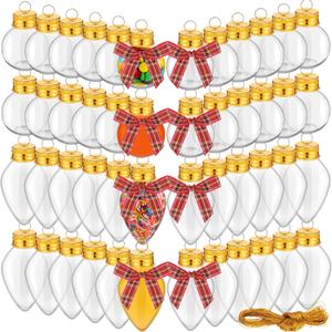 Sliner 48 Pack Christmas Fillable Ornament Balls Bulk Clear Xmas Plastic Ornaments Balls with Bow Tie and Rope for DIY Crafts Candy Christmas Party Decoration(Gold Rope)