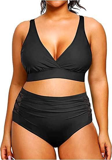 Yonique Womens Plus Size Bikini High Waisted Swimsuits Two Piece Bathing Suits Tummy Control Swimwear (18Plus, Black)