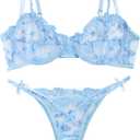 Lilosy Sexy Underwire Cute Push Up Strappy Embroidered Mesh Sheer Lingerie Set See Through Panty Bra (Large, Bow Light Blue)