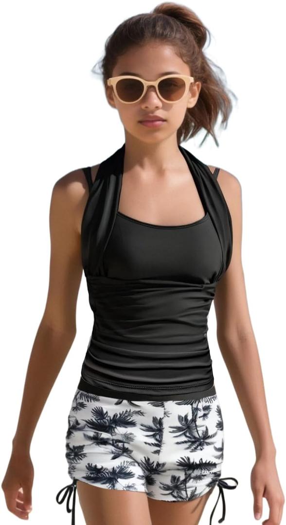 RONGTAI Girls Swimsuits Bikini Swimwear 3 Pcs Summer Bathing Suits for 8-15Y Teens (Black)