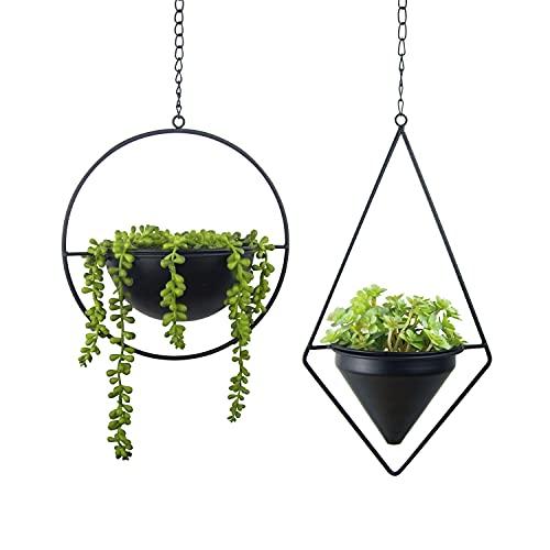 Metal Hanging Planters Set of 2 Modern Indoor Plant Hanger with Round and Diamond Pots, Geometric Small Wall and Ceiling Hanging Plant Holders for Succulents and Herbs, Black Finish