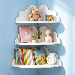 Cloud Floating Corner Shelves, Set of 3 Cloud Corner Floating Shelves Wooden Cute Wall Mounted Shelf Clouds Dispaly Shelf for Toys Plants & Storage