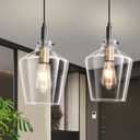 Modern Glass Pendant Lighting for Kitchen Island 2 Pack, Farmhouse Black and Gold Pendant Light Fixtures, Adjustable Hanging Ceiling Light, Angled Clear Glass Shades 8 Inch
