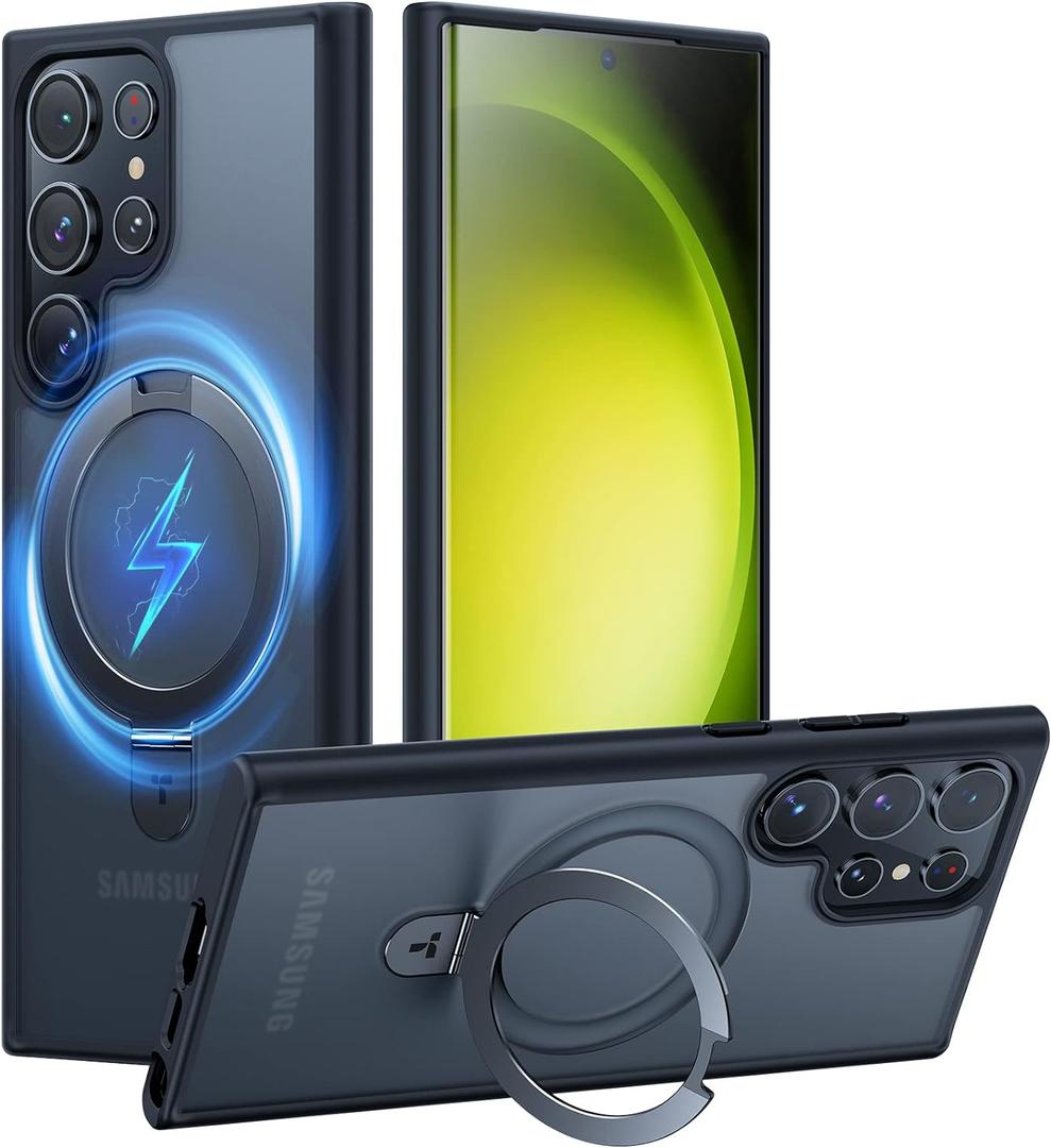 TORRAS Magnetic Designed for Samsung Galaxy S23 Ultra Case [Compatible with Magsafe] Stand, [Military Grade Drop Tested] Shockproof Translucent Slim Protective Ostand, Black