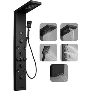 5 IN 1 Shower Panel Stainless Steel Shower Tower Panel System Matte Black Rainfall Waterfall Shower Head with Handheld Shower Massage Body Jets with Tub Spout Shower System by Homevacious