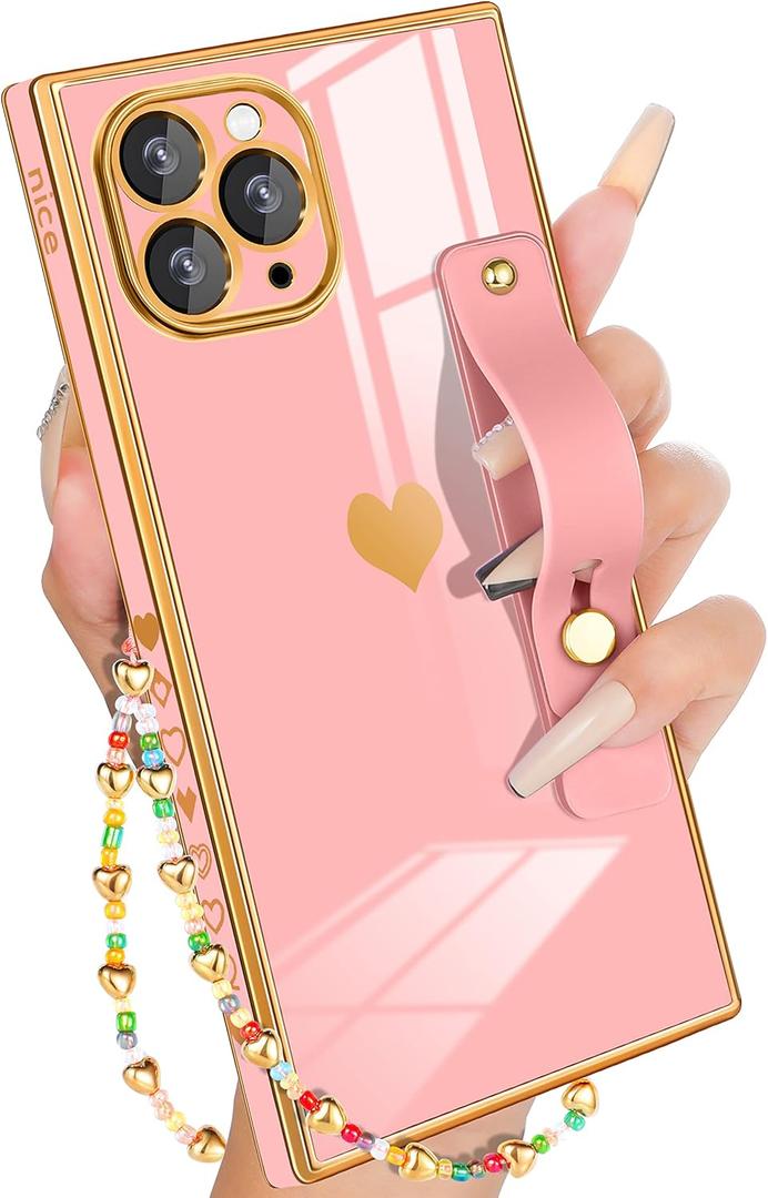 Petitian for iPhone 11 Pro Max Case Stand/String, Luxury Cute Women Girls Heart Electroplated Designer Phone Cases for 11 Pro Max (Pink)