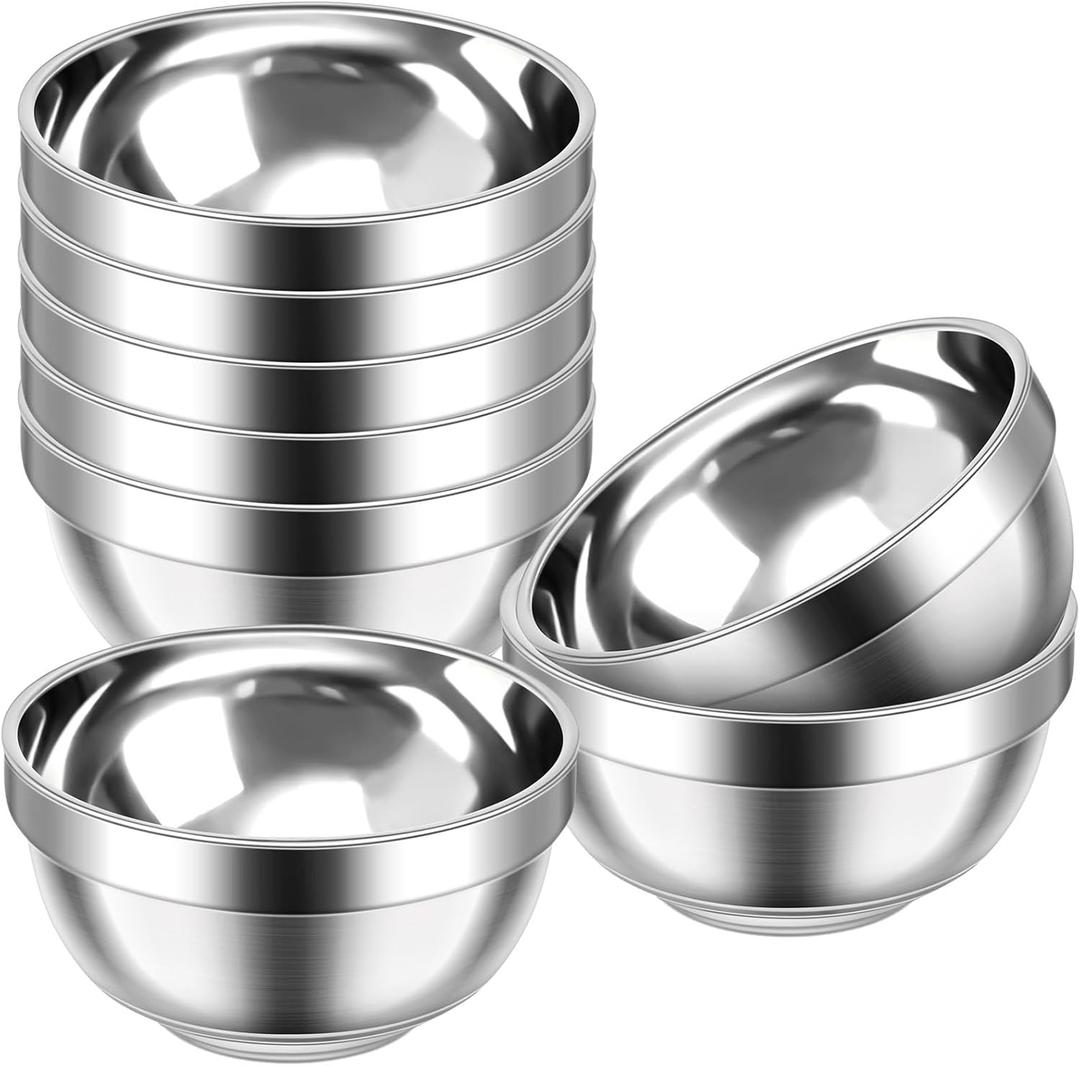 Mimorou 8 Pack 304 Stainless Steel Bowls Set 13oz Metal Double Walled Insulated Snack Mixing Lightweight Multipurpose Dinner Bowls for Ice Cream, Cereal, Snack
