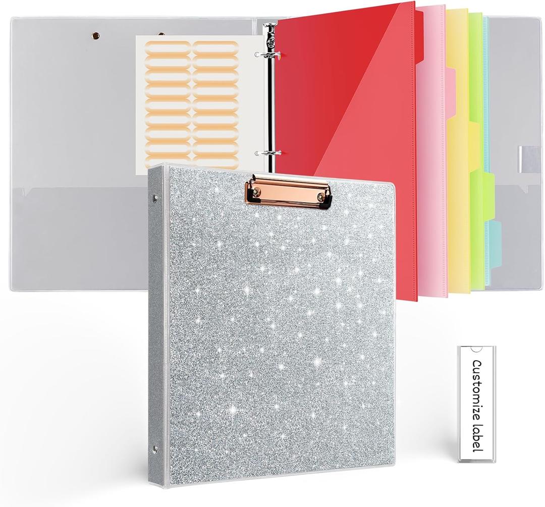 2 x 3 Ring Binder 1 Inch for Letter-Size(11" x 8.5") Paper with 5-Tab Dividers, Binders 1 Inch with Custom Labels, Pockets, Clipboard Organizer, for Women School Office - Silver EYROZILL