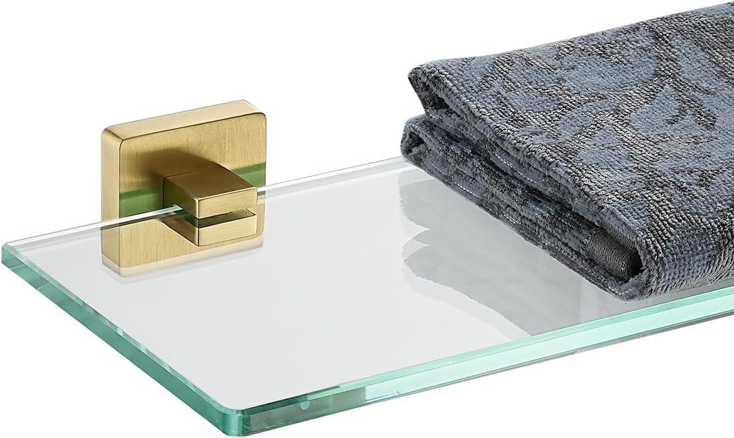 JQK Bathroom Glass Shelf, Floating Tempered Glass Shower Storage 16 by 5 inches, 304 Stainless Steel Brushed Gold Wall Mount, TGS201L16-BG