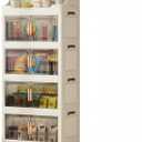 217QT Stackable Storage Bins with Lids & Rack, 5 Tier Large Capacity Foldable Storage Cabinet, Clear Collapsible Pantry Organizer for Home, Kitchen, Bathroom, Dorm, Office, Clear, 5 Tier 43.5QT