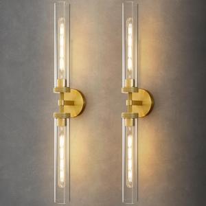 Knurled Brass Tube Wall Sconce - Set of 2 Luxury Modern Dimmable Sconces with Bulbs - Gold Glass Vanity Light Fixture - Vertical or Horizontal Mounted Indoor Lighting for Bathroom Bedroom Living Room