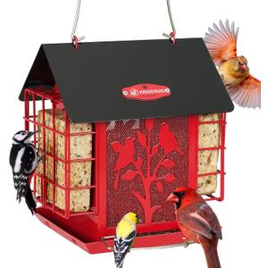 Kingsyard Metal Bird Feeder for Outdoor Hanging, Wild Bird Feeder with Double Suet Cage, Weatherproof Roof and 3 lbs Large Seed Capacity, Red