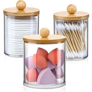 3 Pack Qtip Holder Dispenser with Bamboo Lids - Apothecary Jar Containers for Vanity Organizer Storage - Bathroom Accessories Set for Cotton Swab, Ball, pads, floss