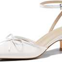 Coutgo Satin Kitten Low Heels with Bow Closed Pointed Toe Short Pumps Dress Wedding Party Shoes (8.5, White)