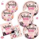 182Pcs Spooky One Birthday Decorations Girl Halloween 1st Birthday Party Decorations with Pink Plates and Napkins for Halloween Decorations Girl
