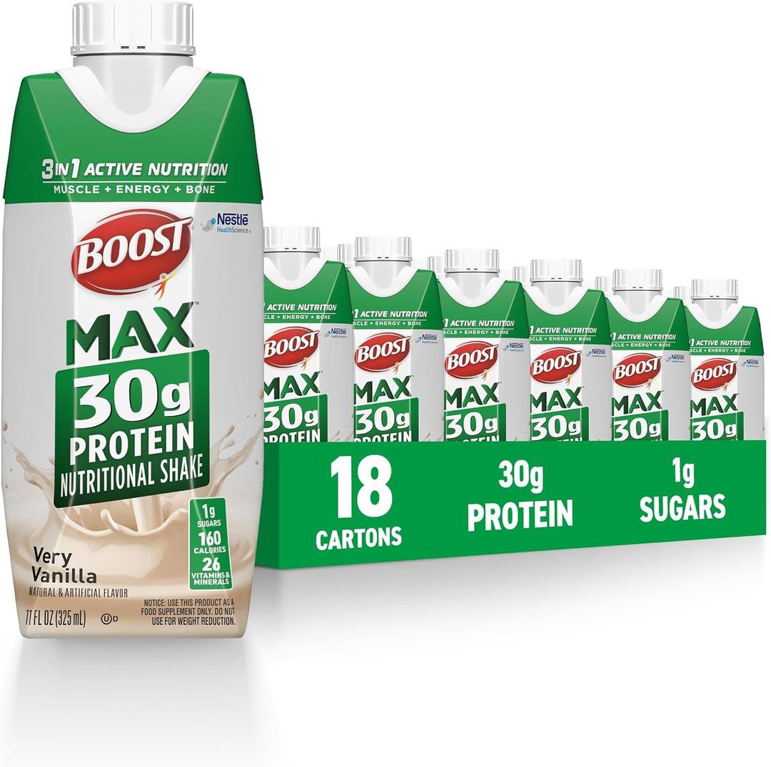 BOOST MAX Protein Shakes Ready to Drink - 30g High Protein Shake - Vanilla | Nutritional Drinks to Support Muscle Recovery After Exercise, 26 Vitamins & Minerals, 1g Sugar, 11 fl oz (Pack of 18) (EXP 03/25/26)