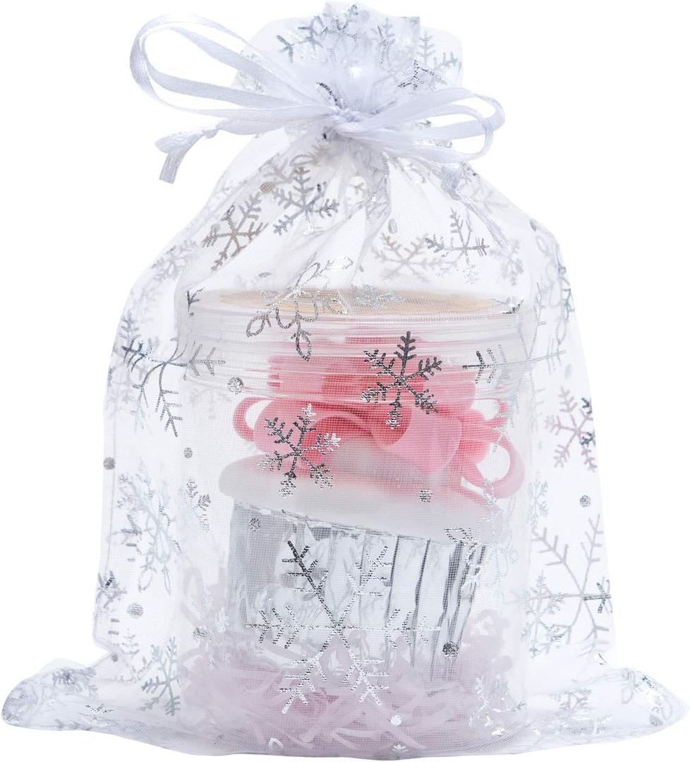 Volanic 50PCS 6X9 Inch Sheer Drawstring Organza Gift Bag Jewelry Pouch Party Wedding Favor Candy Mini Bottle Samples Display Bags (1 Count (Pack of 50), Snowflake)