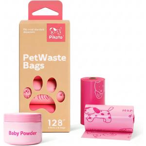 3 x Dog Poop Bags Rolls, 128 Count (8 Refills) - 60% Recycled Plastic Baby Powder Scented - Leak Proof, Extra Thick Waste Bag with Easy-Peel Sticker (Pink)