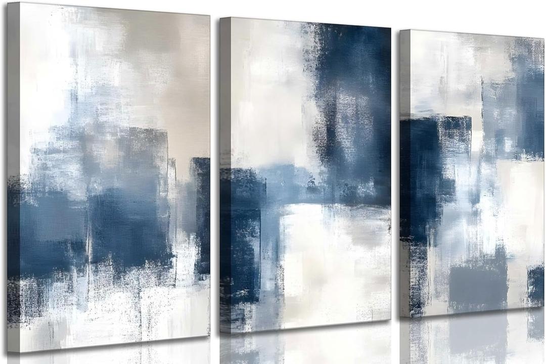 3 Pcs Navy Blue Abstract Canvas Wall Art Modern Minimalist Neutral Blue and Grey Paintings Pictures Wall Decor Poster Print Artwork for Living Room Bedroom Office Home Decoration