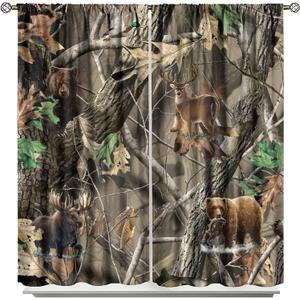 Forest Camouflage Curtains,Wild Animal Bear Deer Elk Blackout Rod Pocket Window Drapes for Living Room Bedroom Decor W42xL45in (Style)