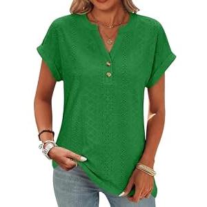 ANRABESS Women Tops Short Sleeve V Neck Eyelet Shirts Dressy Casual Blouses 2026 Summer Tee T-Shirts Vacation Outfits Green XX-Large