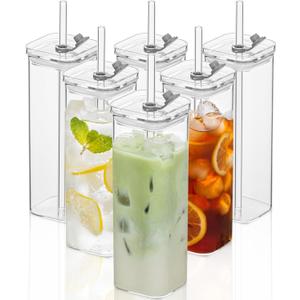 6 Sets Square Drinking Glass Cups, Old Fashioned Glasses, 17 Oz Square Glasses, Clear Highball Modern Glassware Tumbler Mixed Drinkware with Straws for Cocktail Coffee Juice Beer (Square-6PCS)
