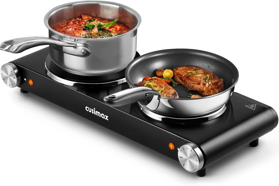 CUSIMAX Double Hot Plates Electric Burner, 1800W Countertop Cooktop with Adjustable Temperature Control, Hot Plates for Cooking Portable Electric Stove, Black Stainless Steel Cooktop, Upgraded Version