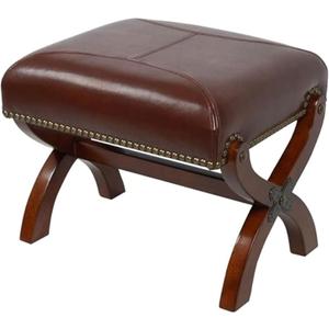 Leather Footrest Wood Ottoman, Rustic Foot Stool, Rectangle Footrest for Living Room Bedroom (Brown)