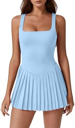 QINSEN Women's Square Neck Tennis Dress Pleated Sleeveless Built in Shorts Golf Athletic Dress with Pockets, XS