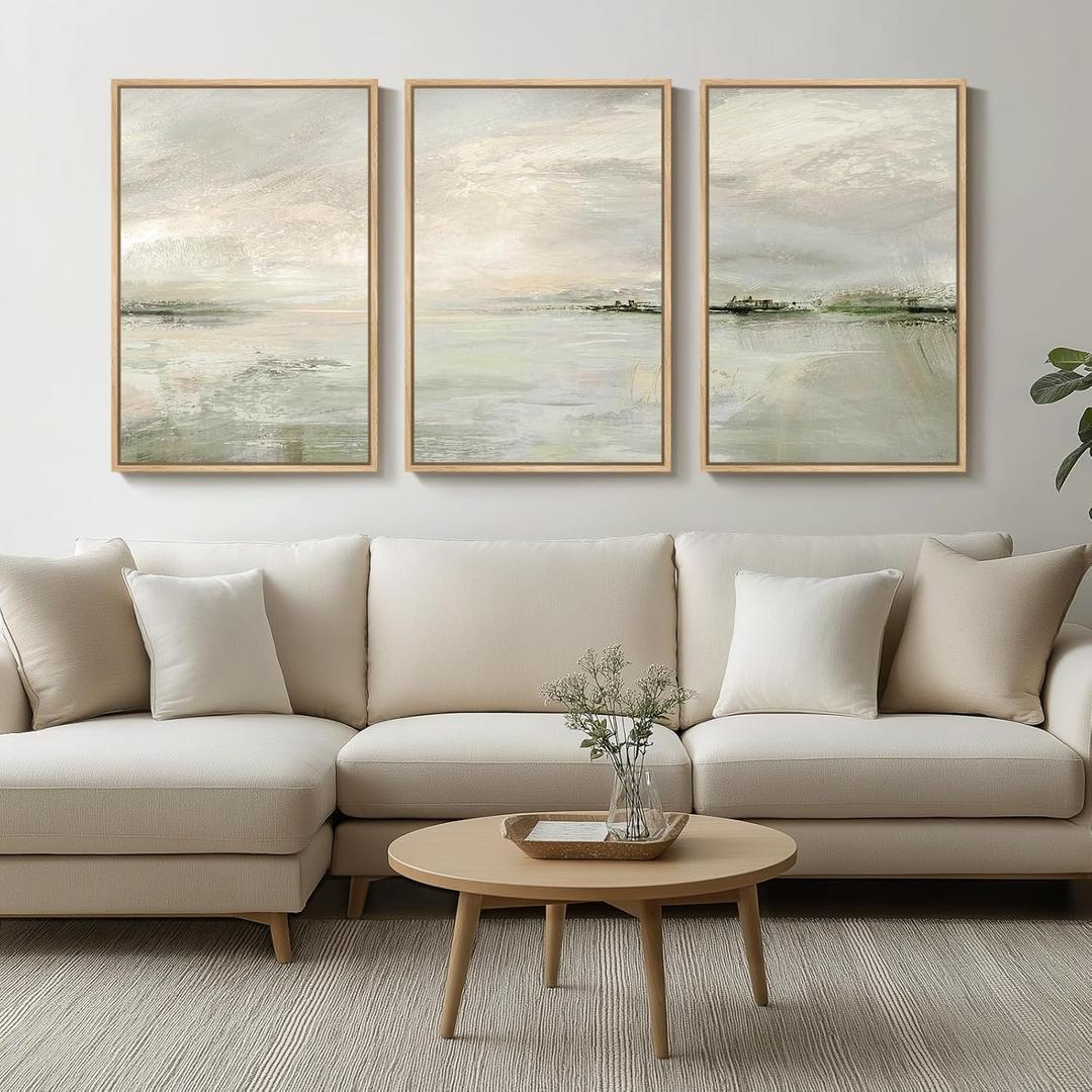 Framed Extra Large Sage Green Abstract Wall Art for Living Room, 3 Piece Modern Landscape Canvas Artwork for Walls, Minimalist Prints Wall Decor for Bedroom, Kitchen, Office, Hallway, 24x36 Inch