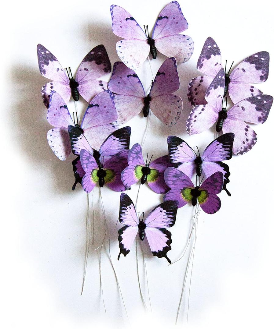 naudassods 12 Pack Butterfly Decorations, DIY 3D Butterfly Stakes Decor, 2 Sizes of Butterfly Ornament for Home Fake Flower Floral Supplies Tea Party Wedding Easter Christmas Spring Fall (Purple1)