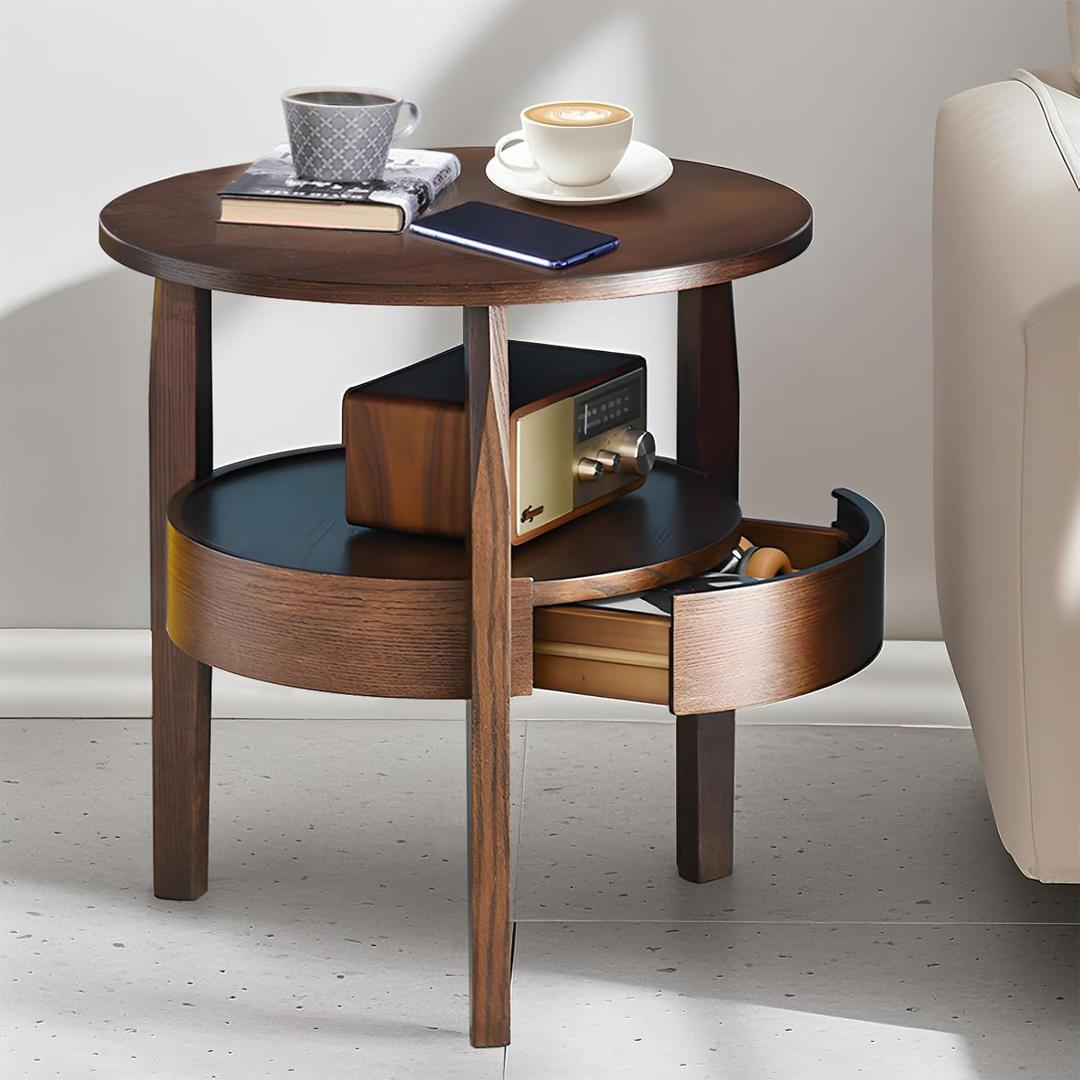 Round Coffee Table with Storage and Hidden Drawer - 20" D x 20" H Natural Wood Side Table with Sliding Drawer, Small Coffee Table for Living Room, Round Nightstand with Drawer, Dark Brown