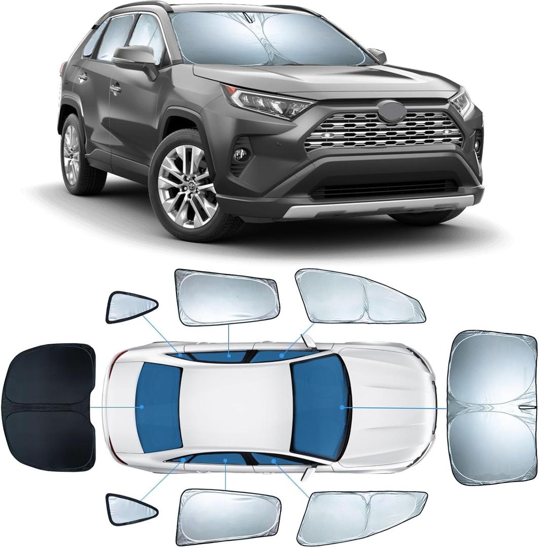 8 PCS Sun Shades for Toyota RAV4 Windshield Sunshade, 2-Layer Full Window Shades for RAV-4 2019-2025 Front Rear Side Window Covers Retractable Sun Visor Blocker Privacy Car Accessories Keep Car Cool