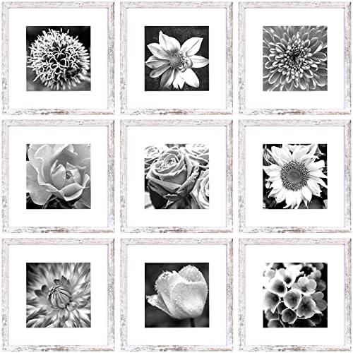 Yaetm 12x12 Picture Frame with Mat for 8x8 Set of 9, Square 12 x 12 Frames, White Gallery Wall Frame 12x12 for Wall Hanging (9 pack, Rustic White)
