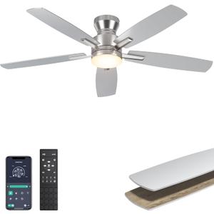 Ohniyou Ceiling Fans with Lights, 52'' Low Profile Ceiling Fan with Light and Remote/APP Control, Modern Flush Mount Ceiling Fan for Indoor Bedroom Living Room, Dimmable, Qiuet DC Motor, Silver