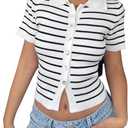 Women Short Sleeve Striped Knitted Tops Lapel Collared Button Down Cropped Cardigan Sweaters White (White, L)