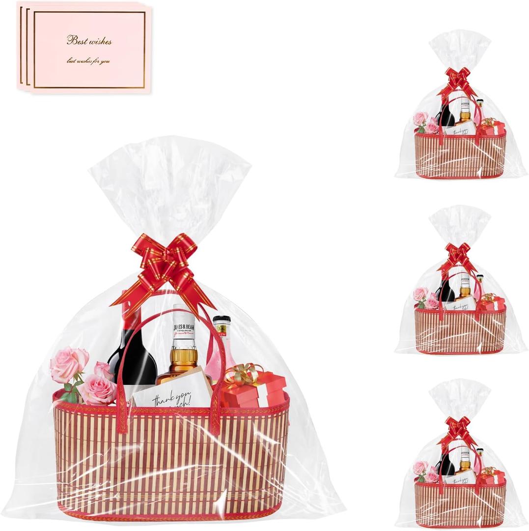 Large Woven Gift Basket with Handles - Empty Bamboo Basket for Gifts (Adults/Wine/Christmas) (RED, 3PC LARGE)