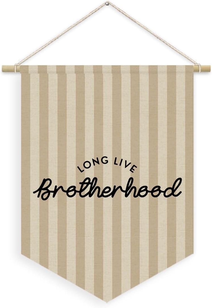 Boys Room Decor, Long Live Brotherhood Boy Nursery Linen Canvas Banner, Neutral Striped Wall Hanging Pennant Flag Banner for Boys Nursery Kids Toddler Room Bedroom Playroom Decor, 15x11in