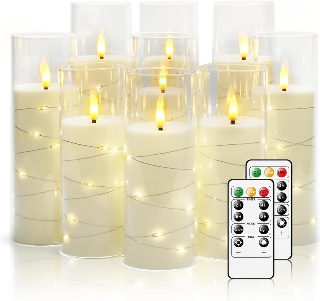 Flickering Flameless LED Candles, 12 Pcs with Embedded Star String, Acrylic LED Pillar Candles with Remote, Suitable for Home Decoration (White)