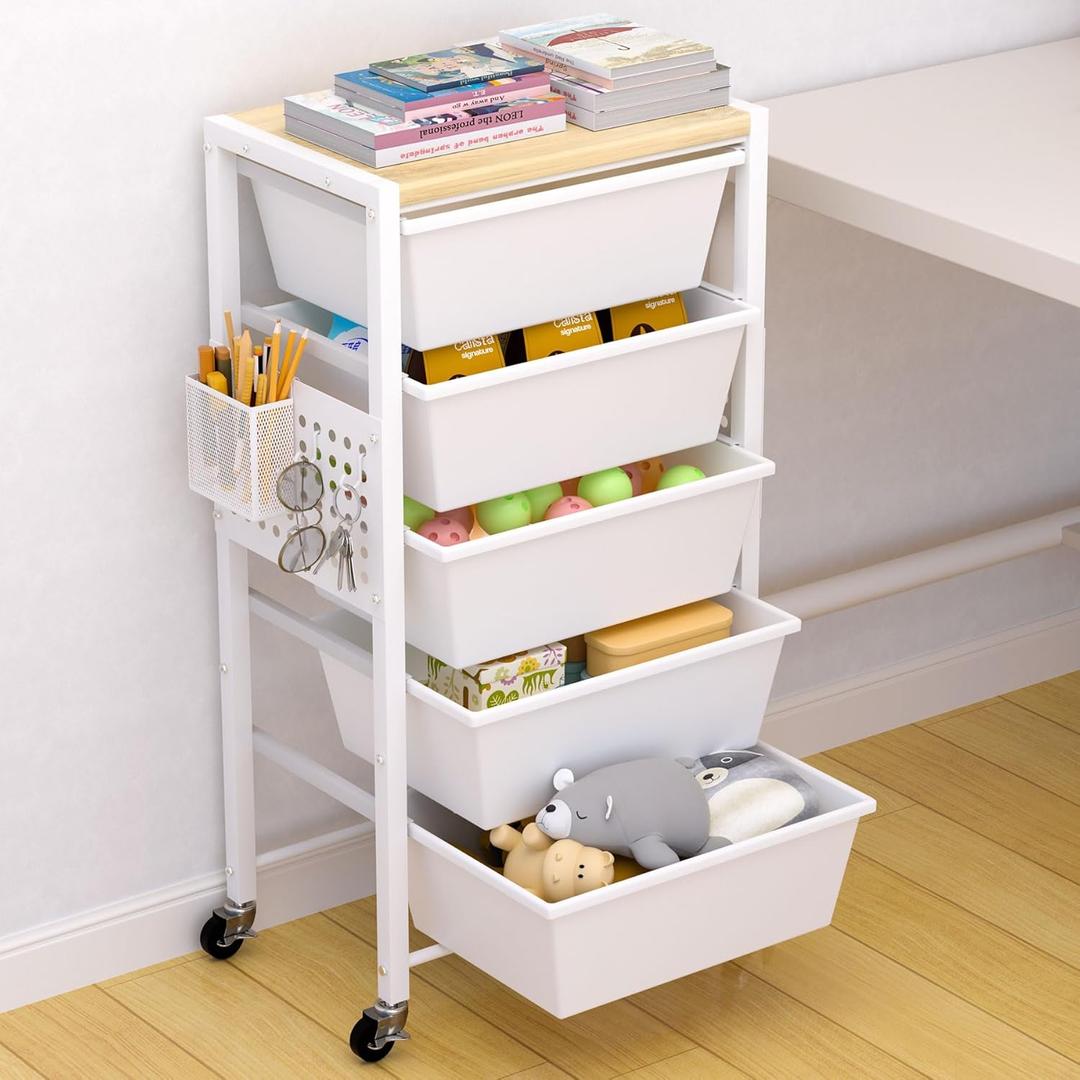 Rolling Cart with Drawers, Rolling Storage Cart with 5 Large Plastic Drawers & Wooden Tabletop, Utility Cart with Pegboards & Basket, Storage Drawers Cart for Living Room, Classroom, Bedroom, Office (White)