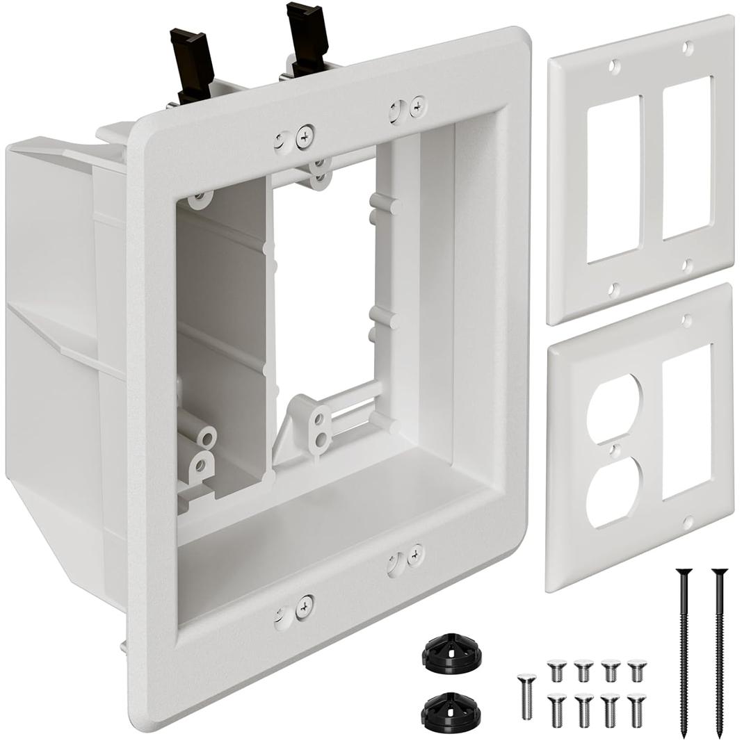 TVBU505-1 Recessed Outlet Box, Recessed Electrical Box for Wall Mount TV, Outlet Mounting Box for New Construction & Retrofit Projects, Wall Outlet Box with Duplex & Decorator Style Covers,2-Gang
