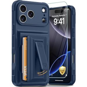 For IPhone 17 Pro Max Case with Card Holder4-5 Cards[9H Screen Protector ][Full Camera Protection][RFID Blocking][Hidden Kickstand] Rugged Heavy Duty Wallet Case for iPhone 17 Pro Max Dark Blue