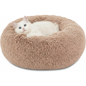 Bedsure Calming Dog Bed for Small Dogs - Donut Washable Small Puppy Bed, 23 inches Anti-Slip Round Fluffy Plush Faux Fur Large Cat Bed, Fits up to 25 lbs Pets, Camel