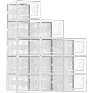 DUMOS 12-Pack Shoe Storage Boxes, Clear Shoe Containers with Lids, Stackable Sneaker Case Organizer for Closet, Under Bed, Entryway,White (Fit Size 9)