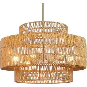 PENACINY 23.6” Boho Rattan Chandeliers Light Fixture, 6-Light Hand Woven Farmhouse Rustic Chandelier Hanging Light for Dining Rooom, Kitchen, Living Room, Foyer