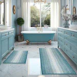 BSICPRO Bathroom Rugs and Mats Sets, 2 Piece Thick Absorbent Chenille Bath Mat Rug Set Non Slip, Soft Shaggy Bath Room Floor Mats for Bathroom, Machine Washable (Teal, 20" x 47" Plus 20" x 32")